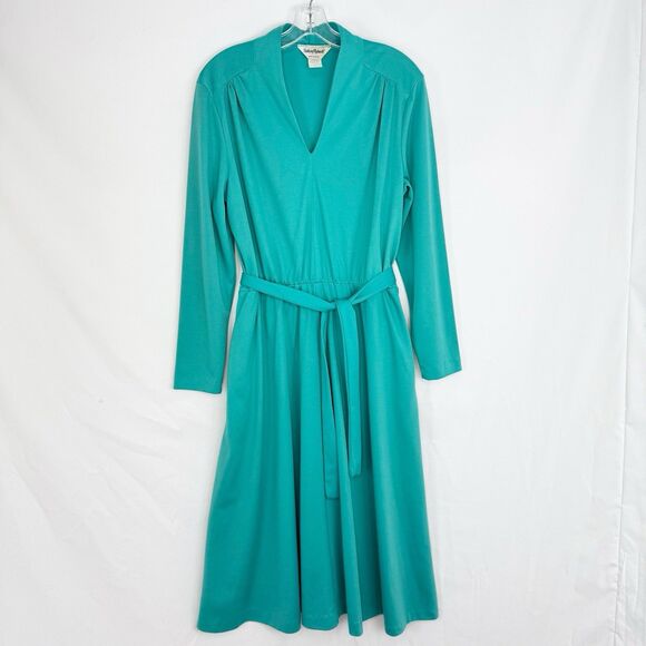 Antthony Richards Women Green Midi Dress V Neck Tie Waist Size 12 Vintage - Picture 1 of 16